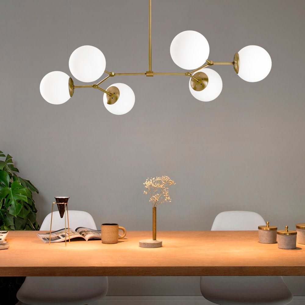 Plafonnier doré 6 lumières avec abat-jour en verre opale