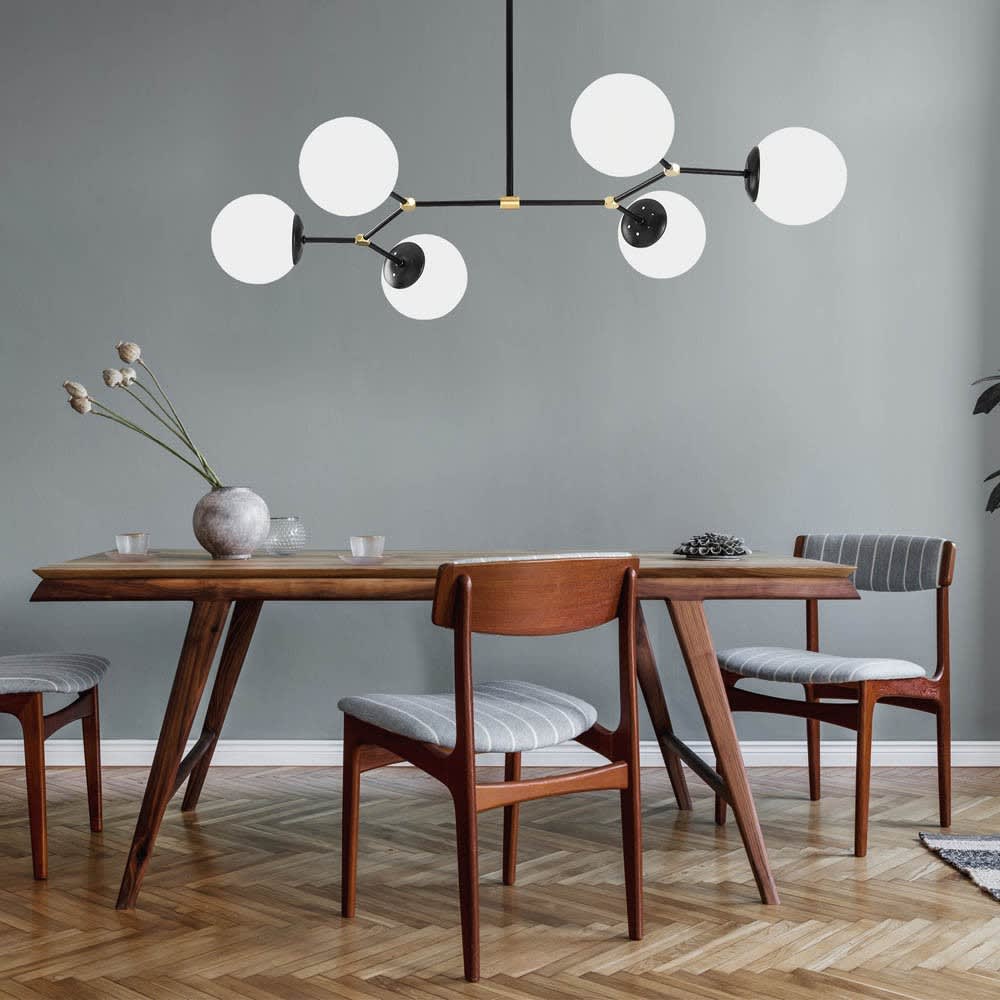 Suspension noir 6 lumières avec abat-jour en verre opale