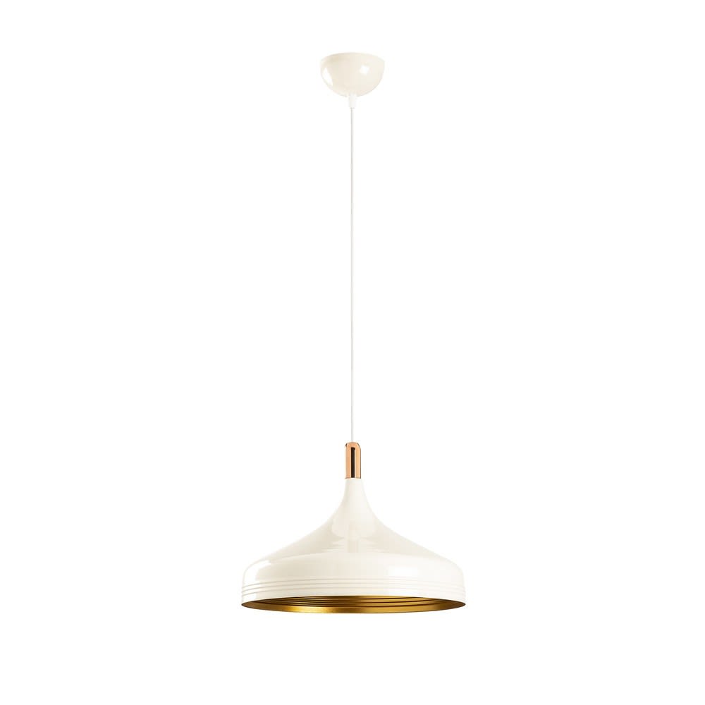Lámpara de techo blanco y dorado con pantalla de cobre