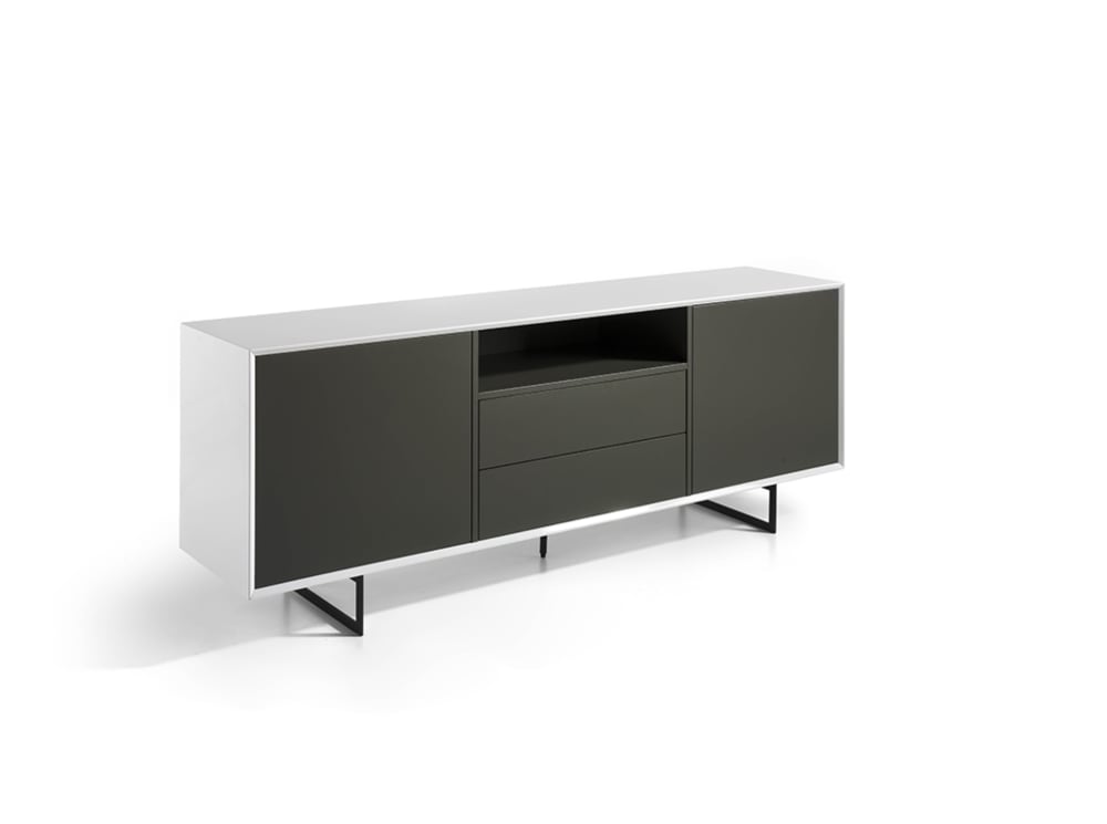 Aparador Saona patas metálicas negro mate y mueble en MDF gris/blanco