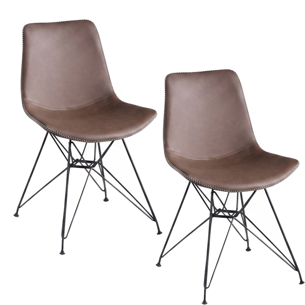 Set 2 sillas de comedor en polipiel marron y costura blanca 52x56x82cm