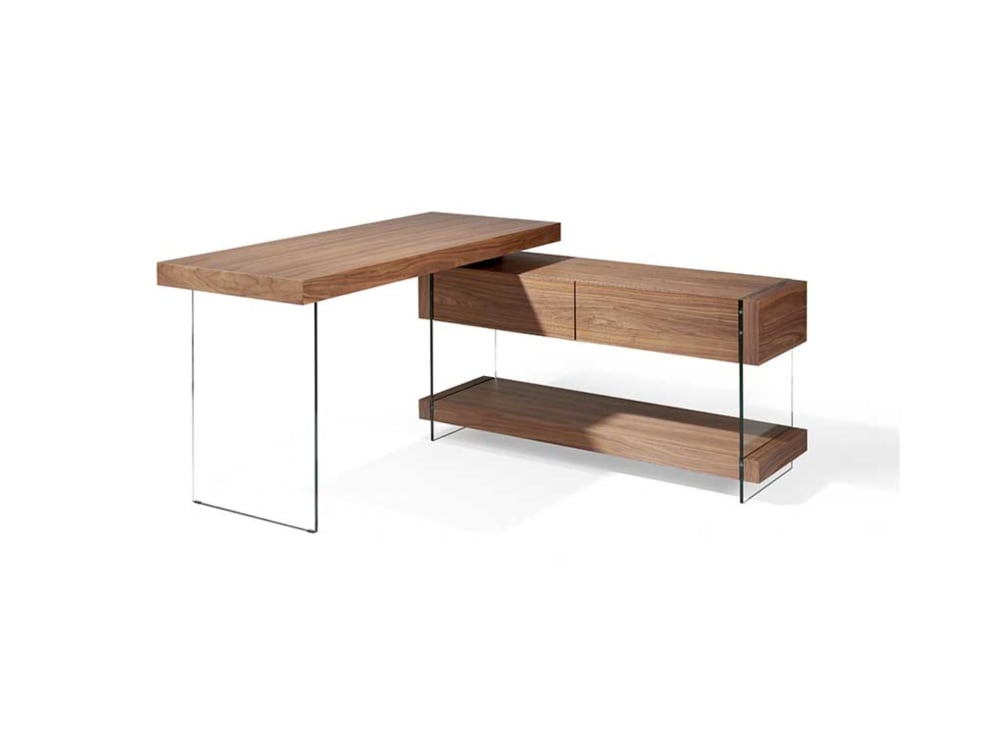 Escritorio intercambiable patas cristal y nogal. 140×130×63H/75H cm