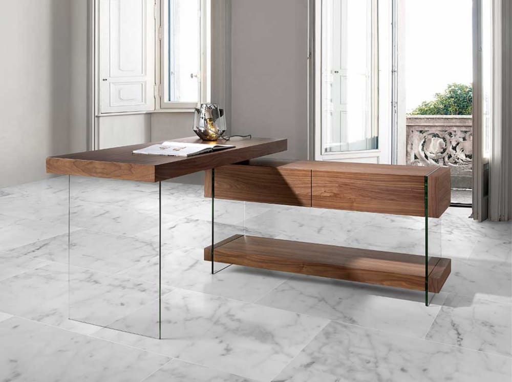 Escritorio intercambiable patas cristal y nogal. 140×130×63H/75H cm - Maisons du Monde