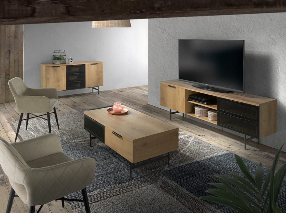 Mesa de centro Cooper patas metálicas negras y MDF chapado roble - Maisons du Monde