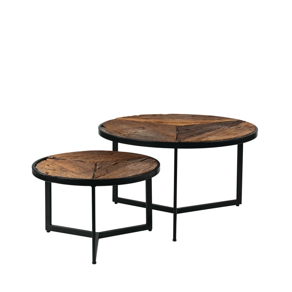 Set mesas centro con tablero de madera reciclada y patas de hierro.
