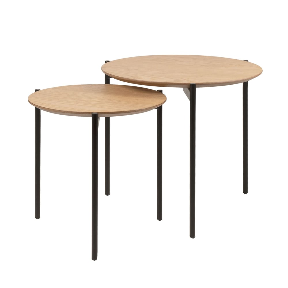 Set mesas centro con tablero de madera y patas de metal negro.