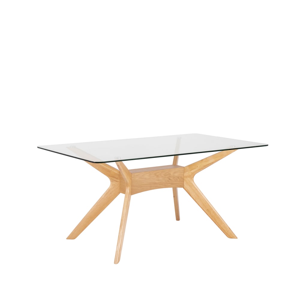 Mesa de comedor 140 con tablero de vidrio y patas de roble