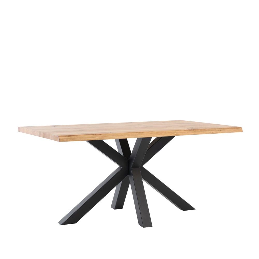 Mesa de comedor 140 con tablero de roble y patas negras.