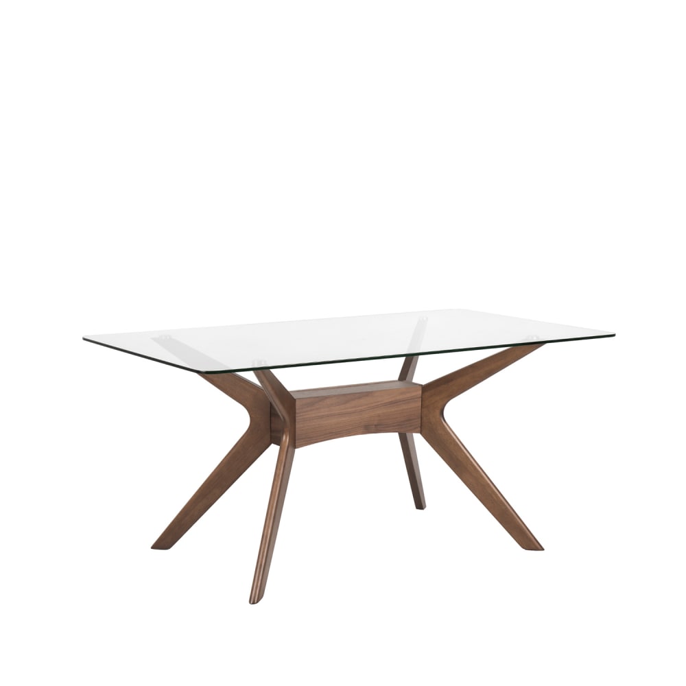 Mesa de comedor 140 con tablero de vidrio y patas de nogal