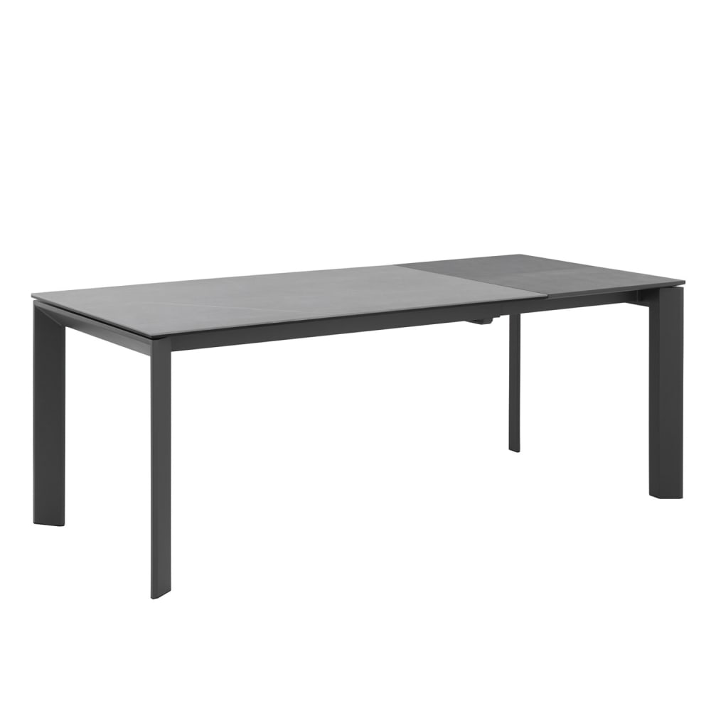 Ausziehbarer Tisch 140, graue Porzellanplatte, schwarze Beine. -