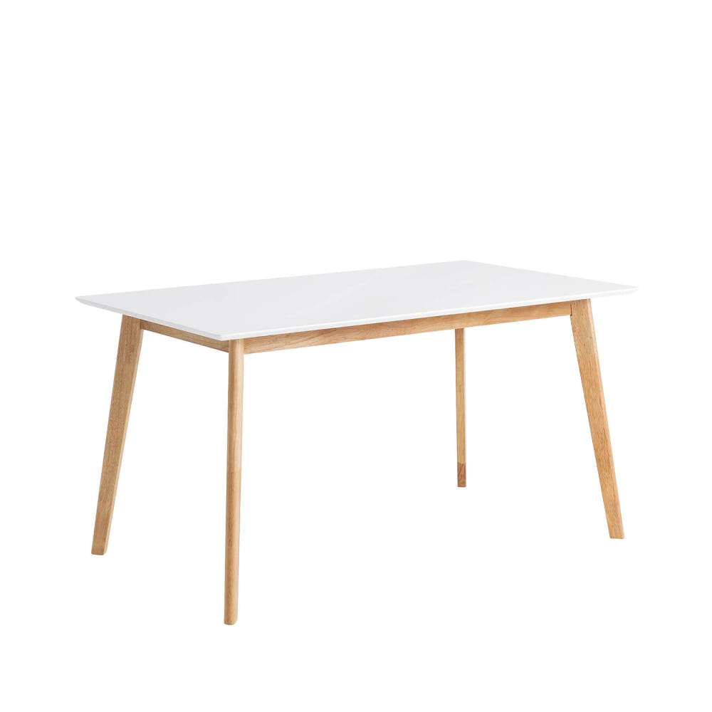 Mesa de comedor 140 con patas de roble y tablero blanco.