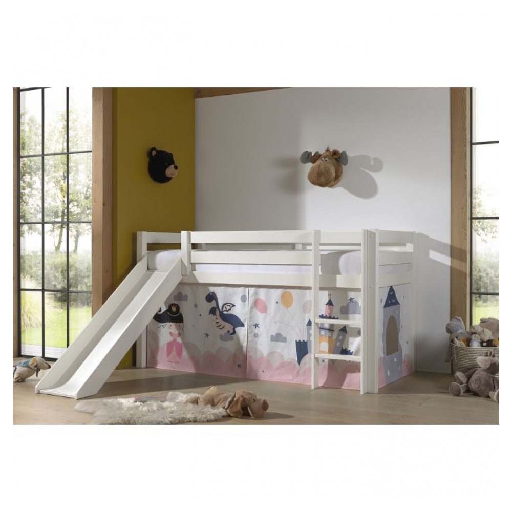 Lit surélevé avec toboggan blanc décor magique rose - PINO
