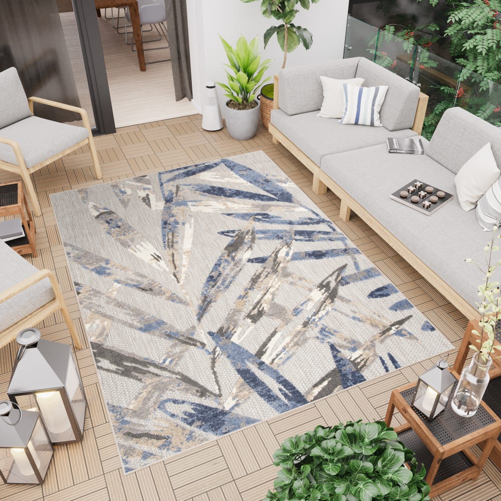 Alfombra interior exterior 3d azul beige crema gris hojas 160x220cm - Maisons du Monde