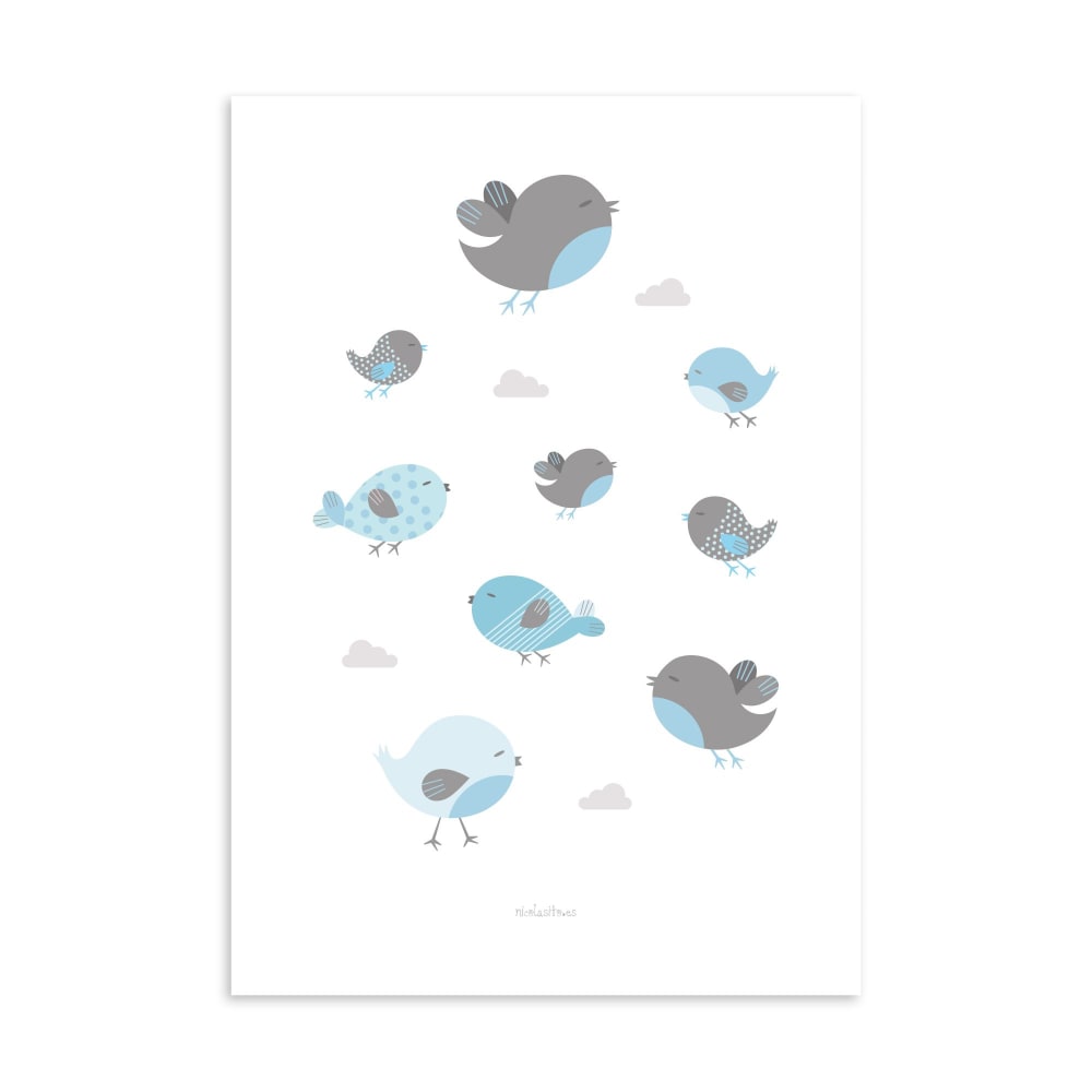 Póster de pared papel Pajaritos azul 30x40cm