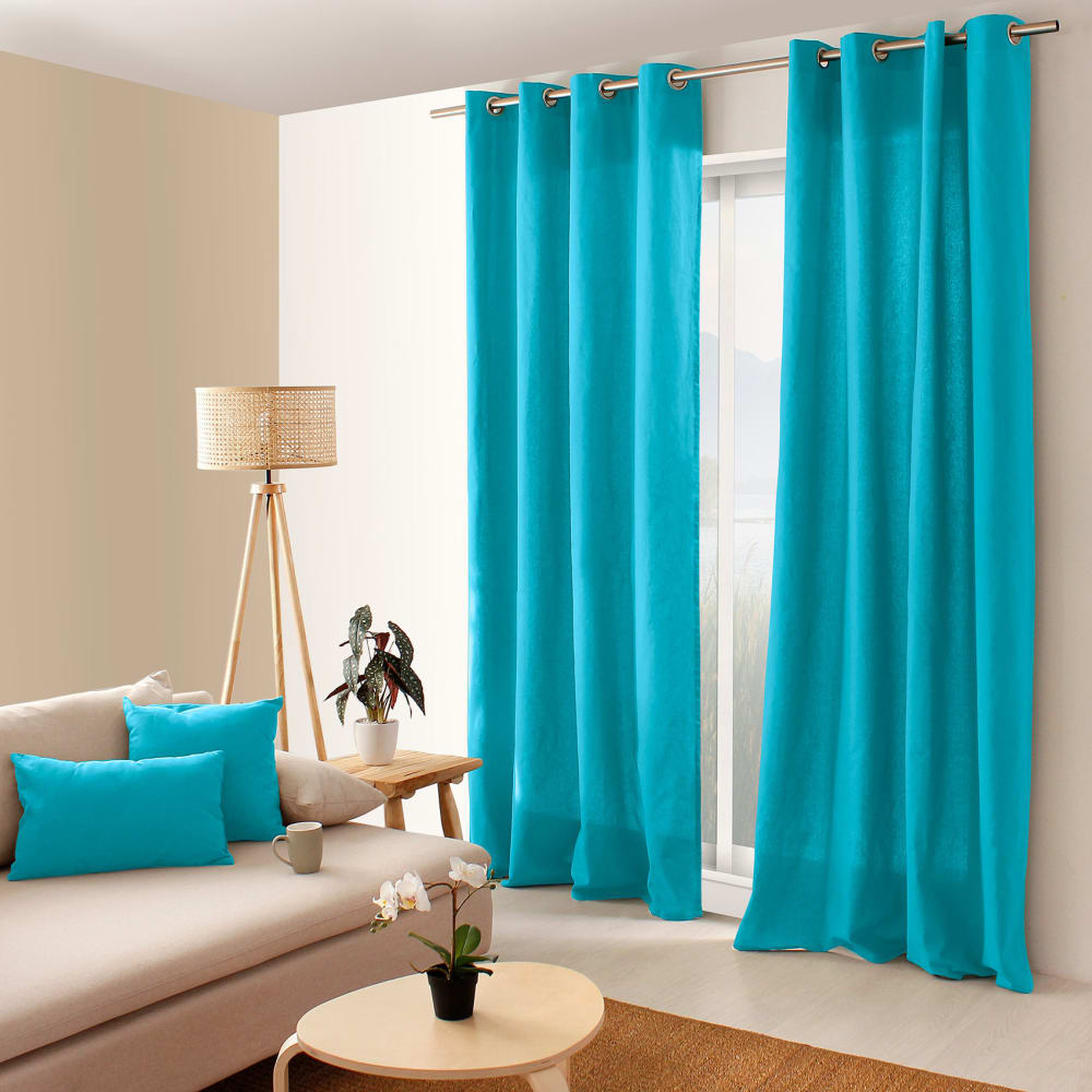 Home Maison Rideau à œillets en pur coton turquoise 135x240 cm style contemporain Bleu