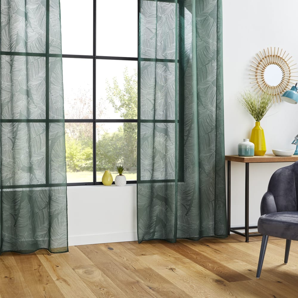 Voilage tamisant imprimé feuilles polyester vert sapin 140x240 cm