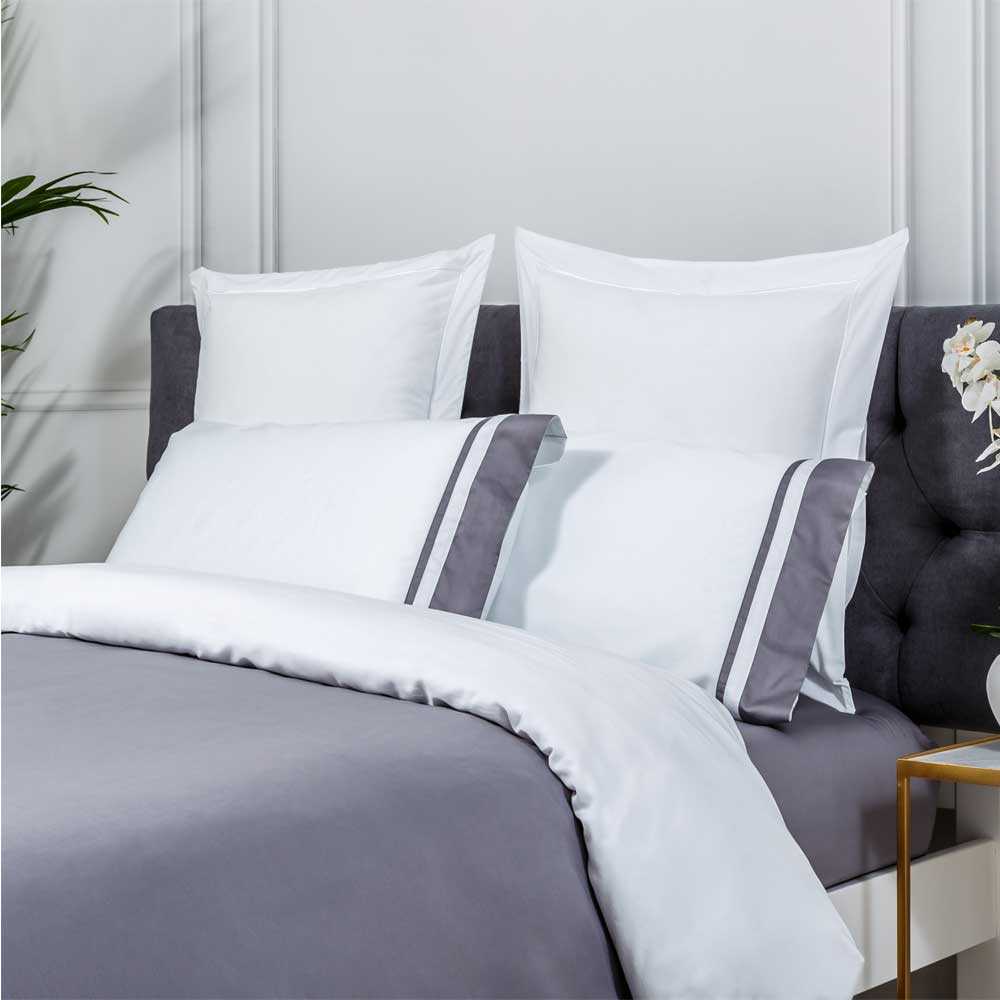 Funda nórdica Saten Algodon Egipcio 300 Hilos Blanco Y Gris 280x240 - Maisons du Monde