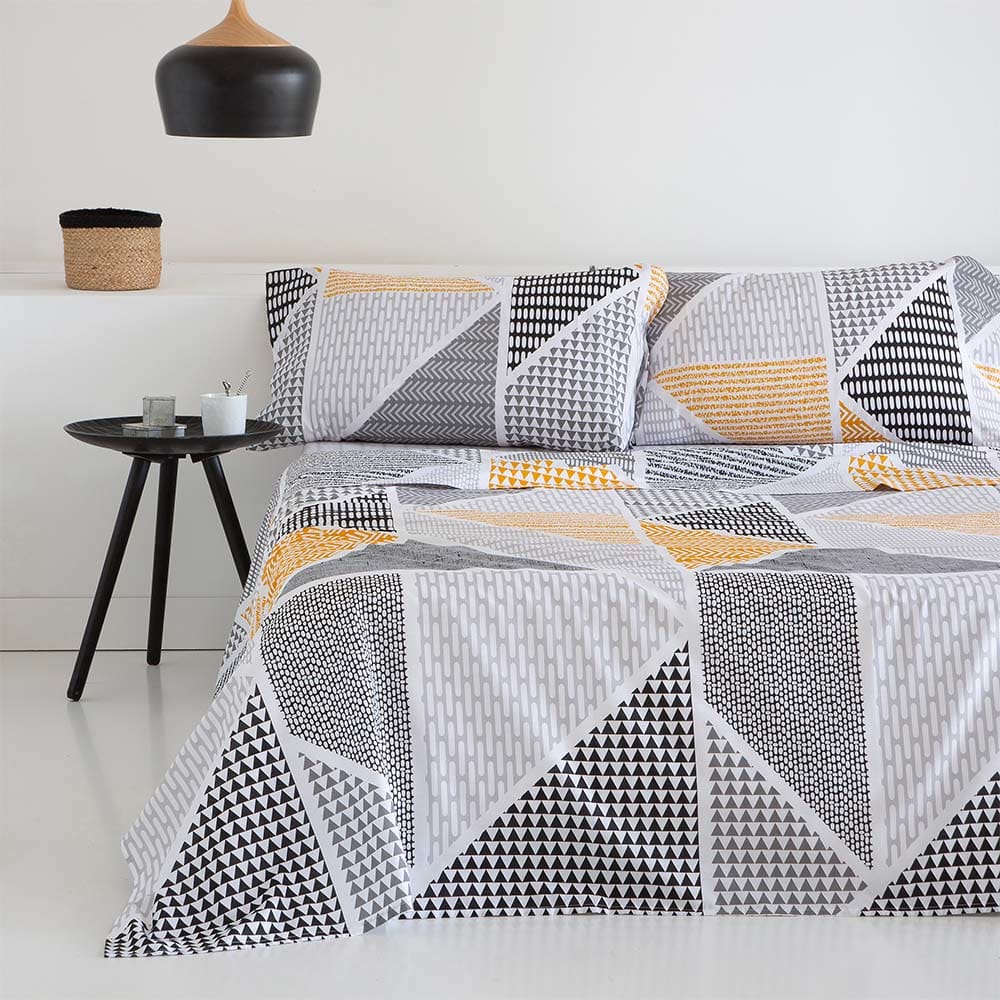 Juego de sábanas algodón poliéster gris y mostaza 280x260 Cama 200 - Maisons du Monde