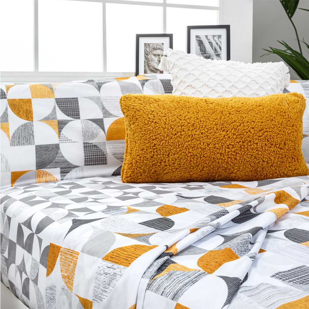 Juego de sábanas algodón poliéster gris y mostaza 240x260 Cama 150 - Maisons du Monde