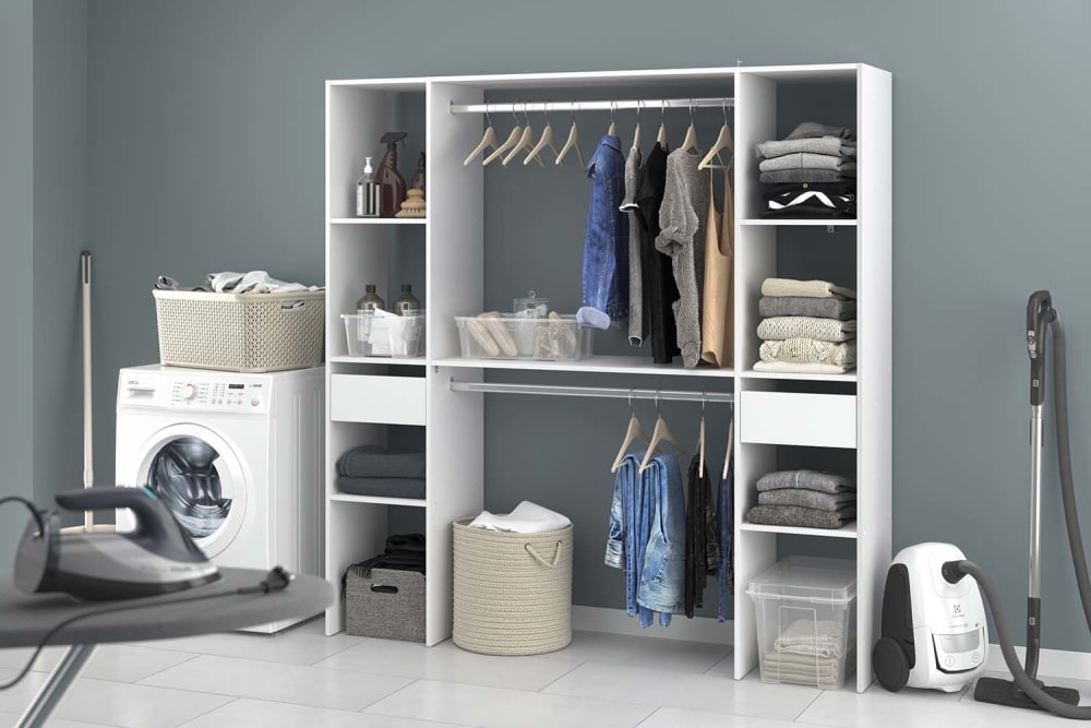 Ankleidezimmer weiß 6 Regale 2 Schubladen 2 Kleiderstangen 180 x