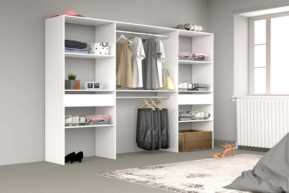 Grand dressing blanc avec 2 penderies, 6 étagères et 2 tiroirs