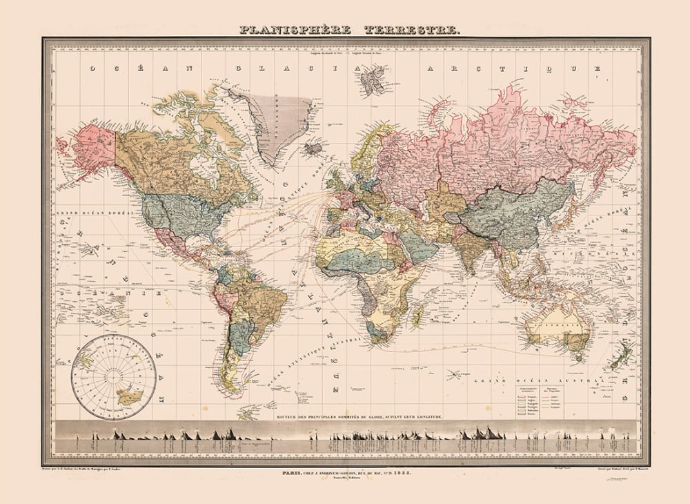 Stampa Mappa del Mondo vintage 50x70 - Beige - LEGNO