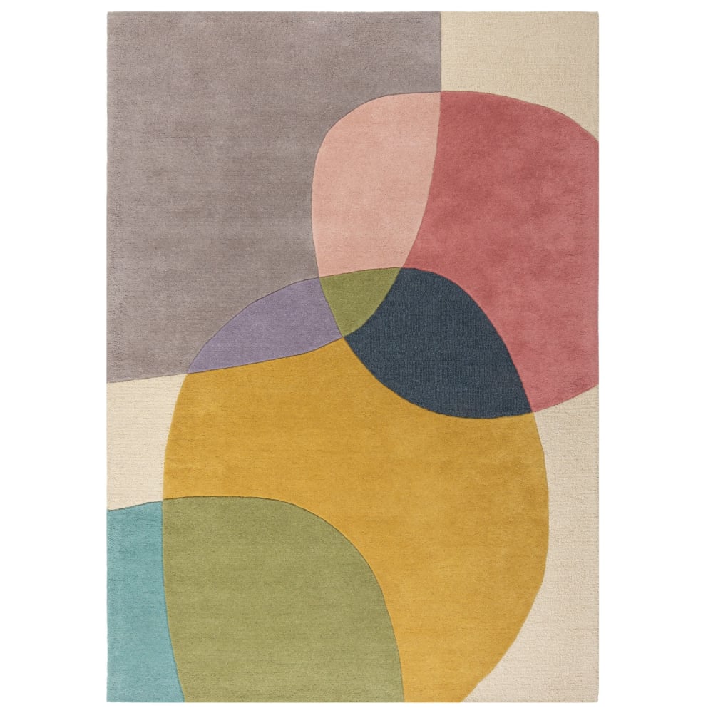 Tapis en laine jaune, grise, rose, verte et beige 160x230cm