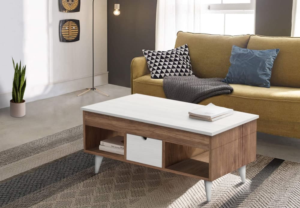 Mesa centro elevable madera maciza natural, encerado y blanco