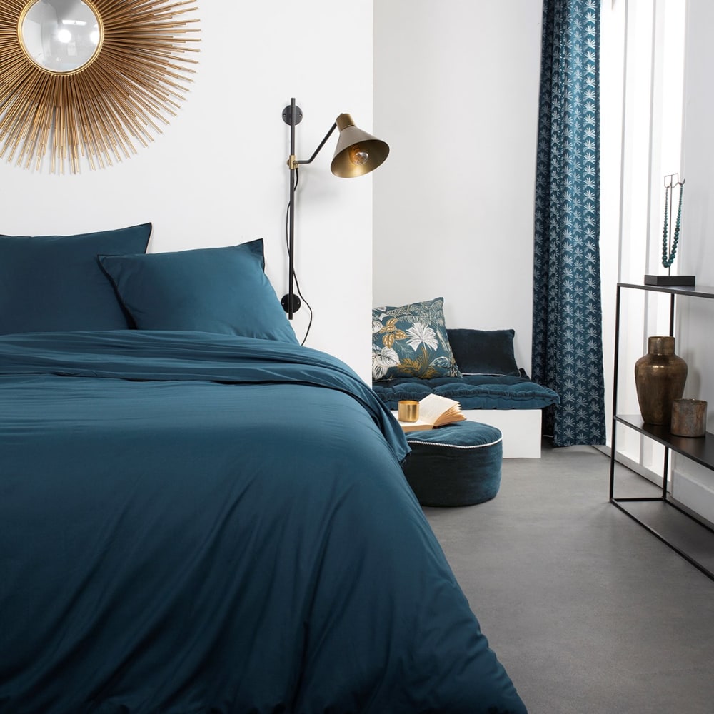 Parure de lit 2 personnes uni coton  260x240 cm Bleu
