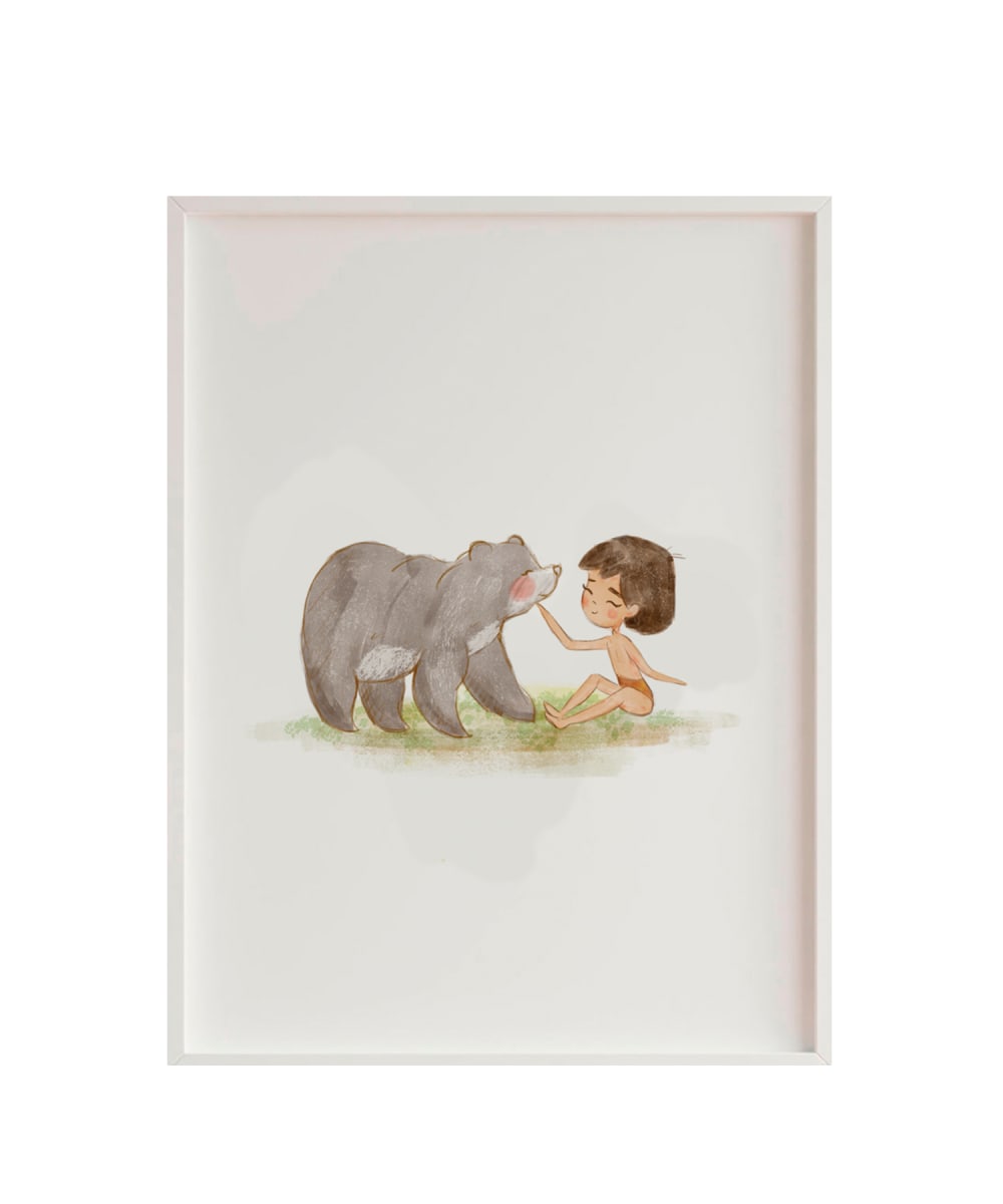 Quadro della giungla per bambini incorniciato in legno bianco 43X33 cm - Modello Contemporaneo - LEGNO