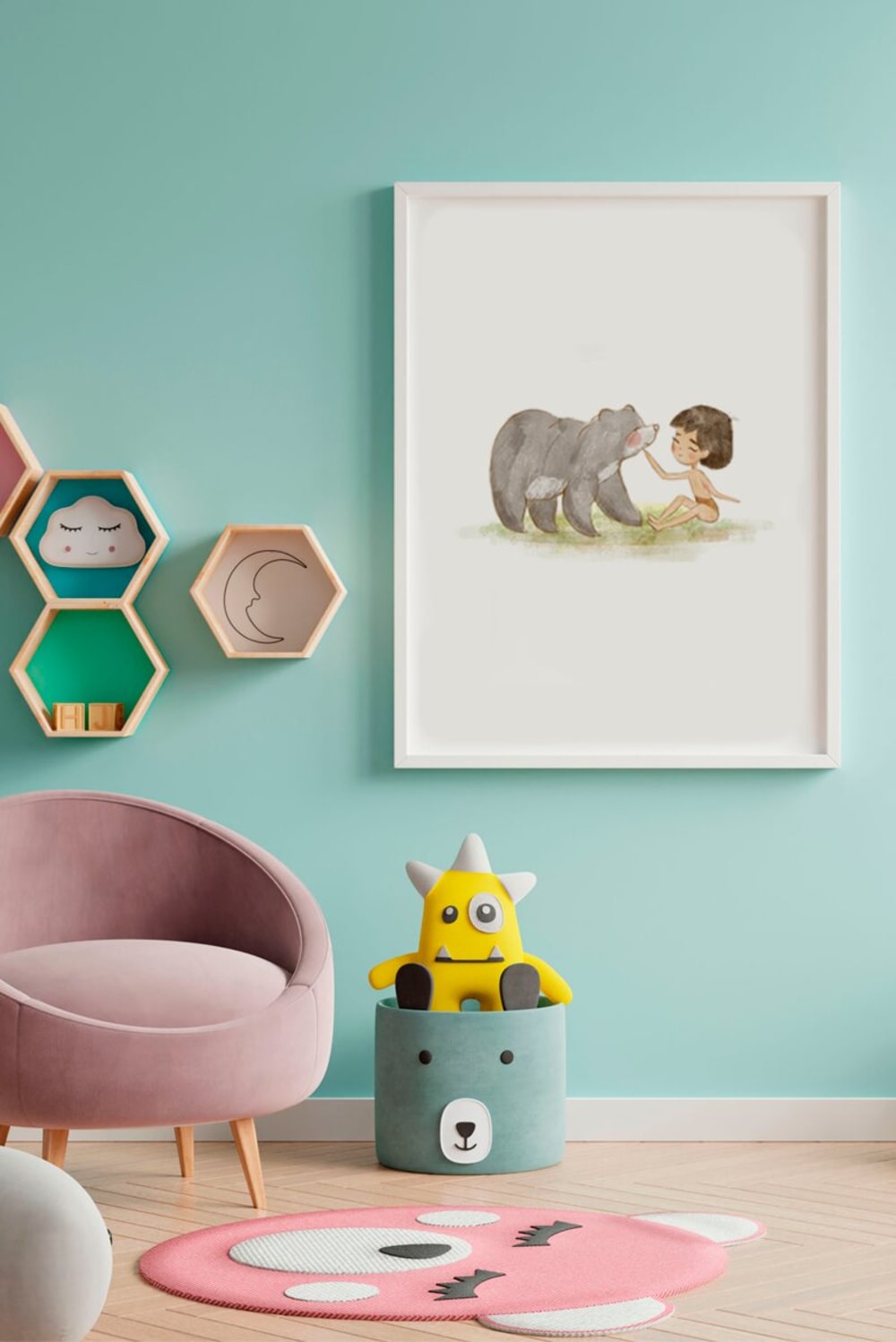 Quadro della giungla per bambini incorniciato in legno bianco