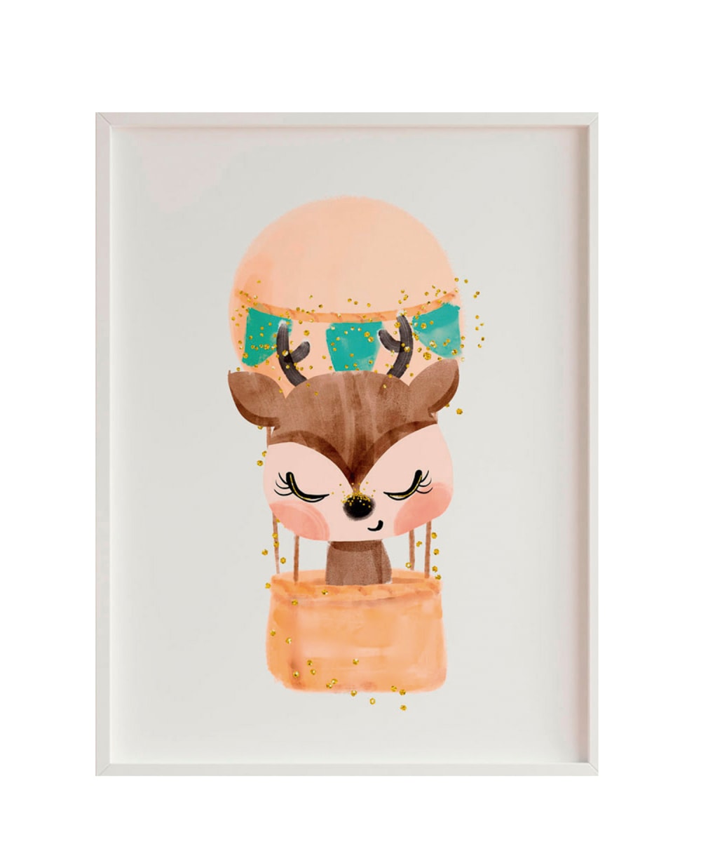 Impression de cerf ballon encadrée en bois blanc 43X33 cm