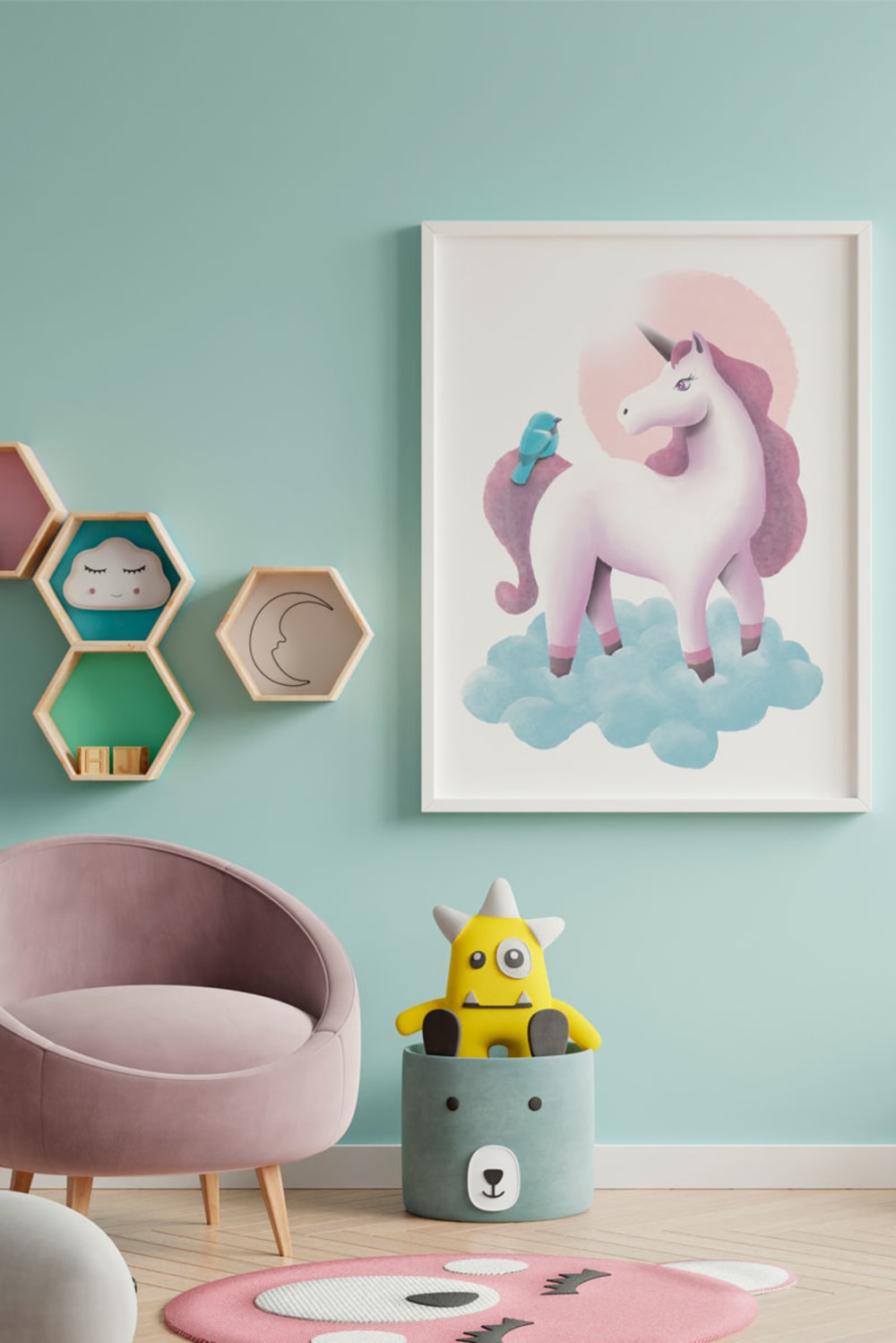 Unicorno incorniciato stampa unicorno legno bianco 43X33 cm -