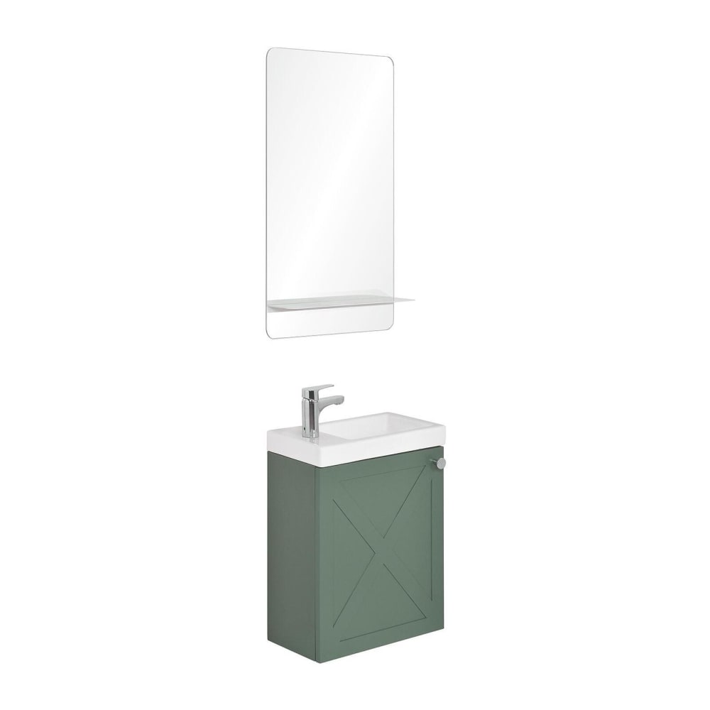 Meuble lave-mains  vert de gris + miroir tablette blanche + rob chromé