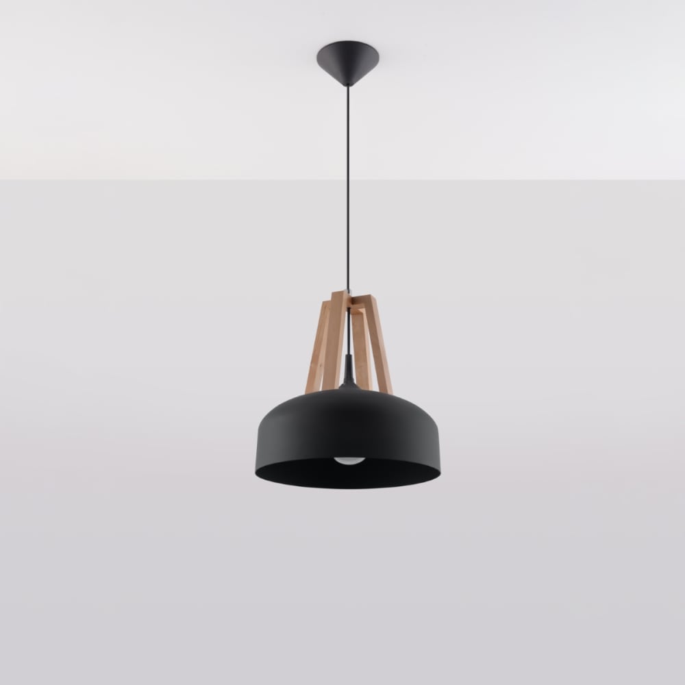 Lampada a sospensione legno nera e naturale acciaio/legno -