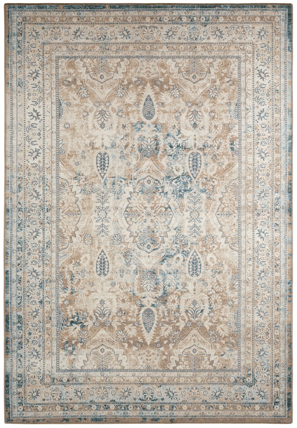 Tapis vintage motif fleuris effet usé bleu et beige – 120x170