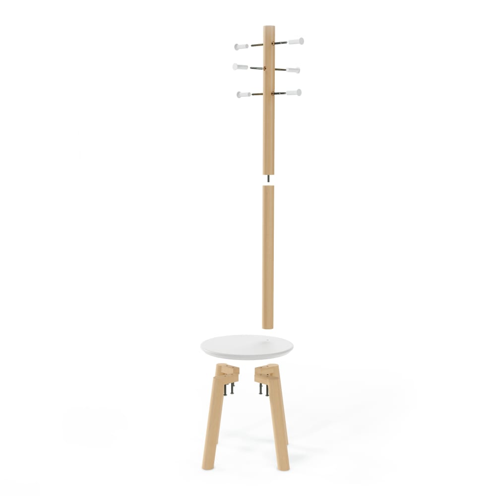 Tabouret portemanteau 6 crochets bois et blanc 165cm