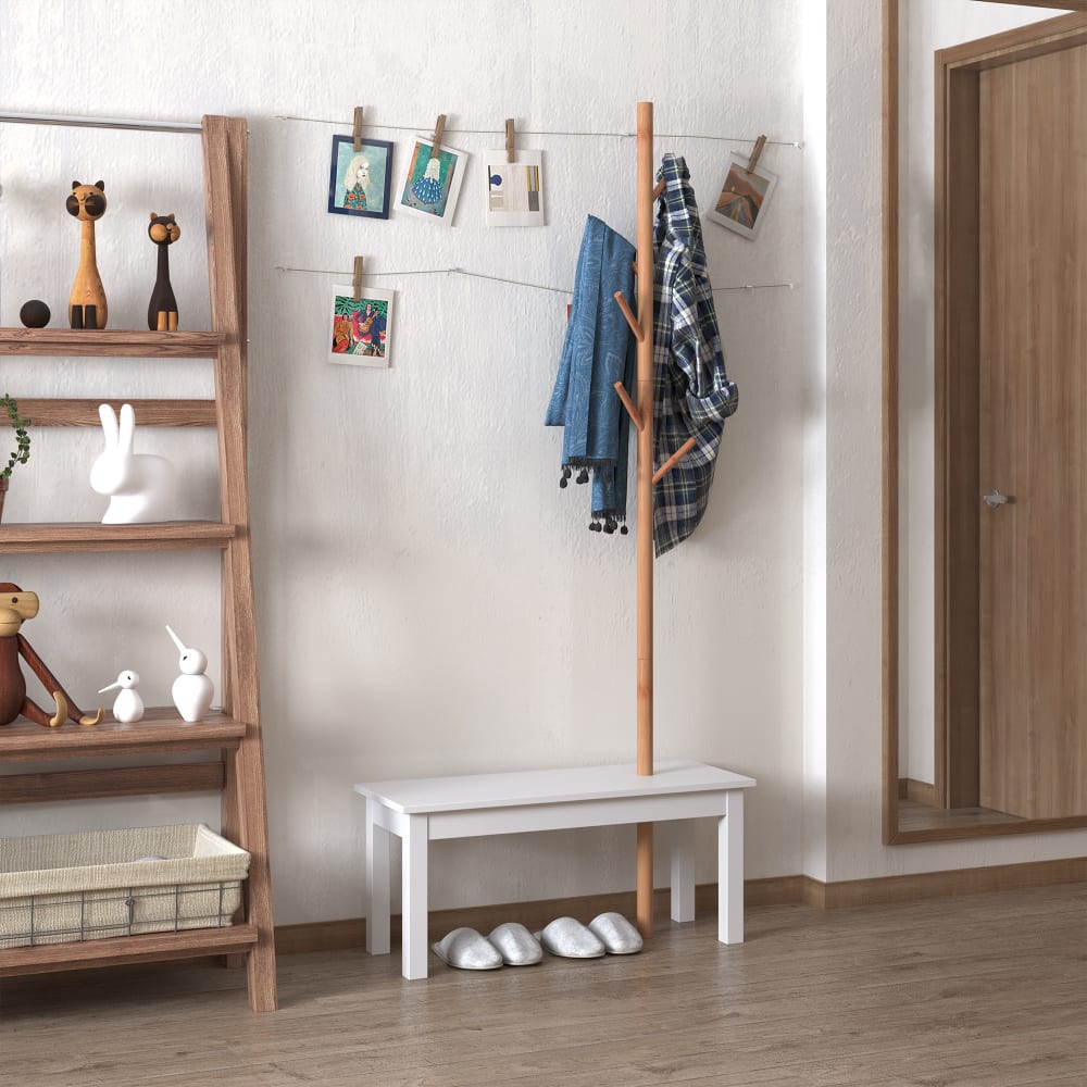 Perchero pie con banco 80x30x180 cm blanco y madera natural - Maisons du Monde