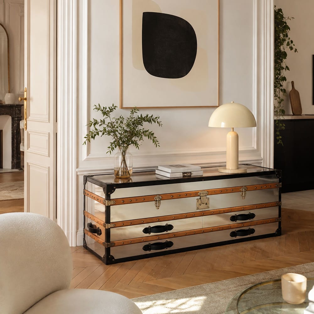Commode basse 1 coffre 2 tiroirs en acier inoxydable et cuir - Maisons du Monde