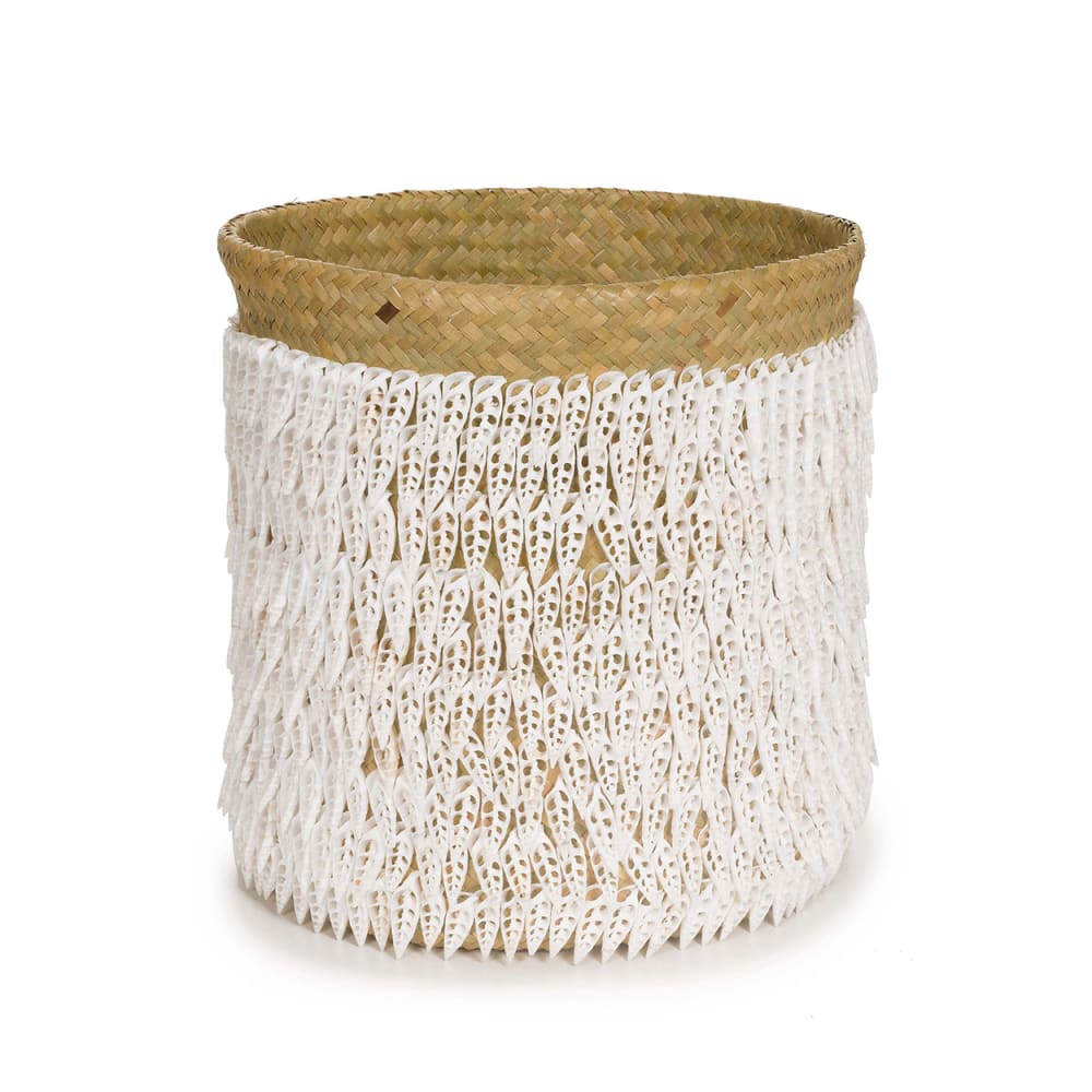 Cesta de conchas y pandan en marrón y blanco 34x34x40 cm