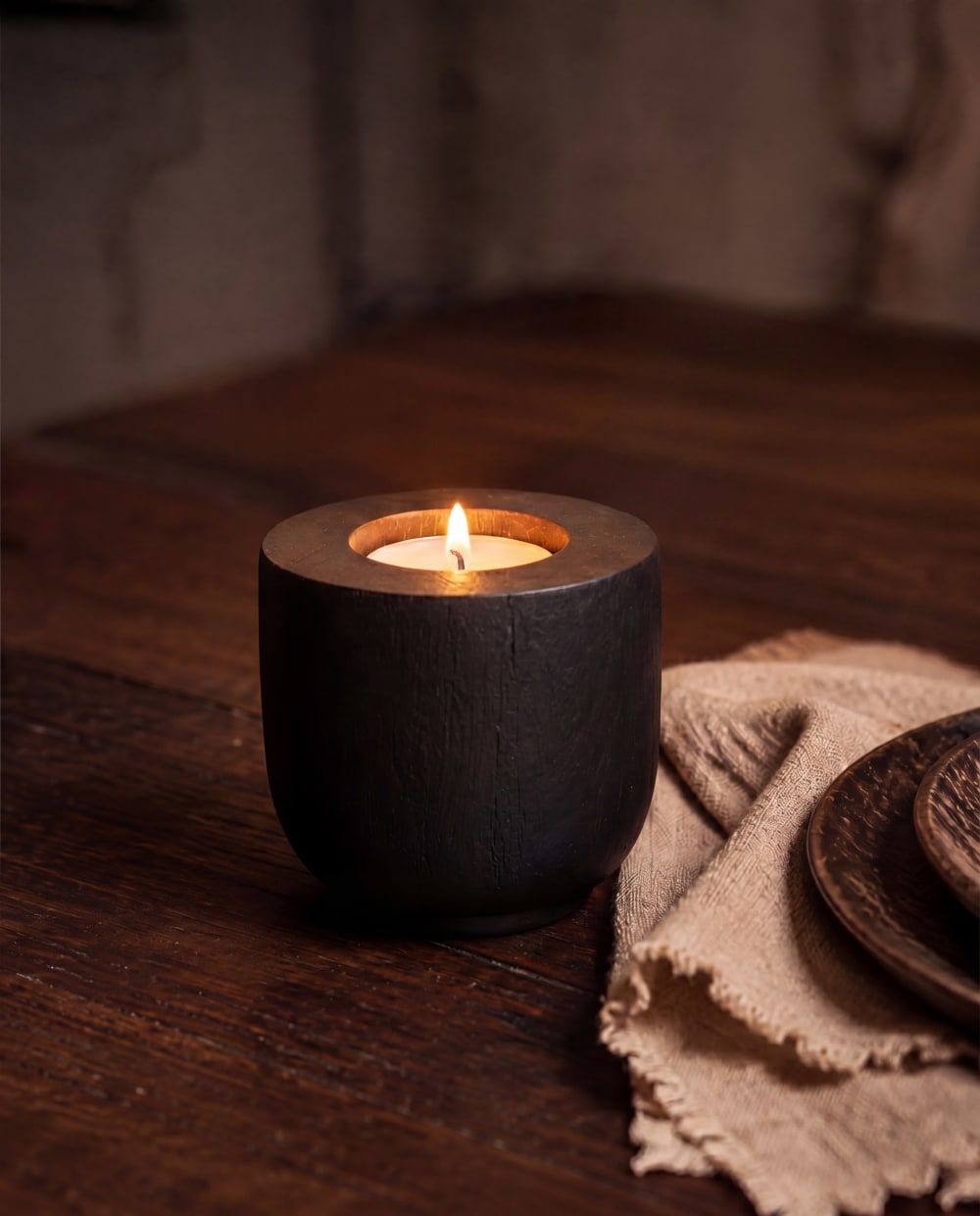 Bougeoir bois de teck marron et noir 8x8x8cm - Maisons du Monde