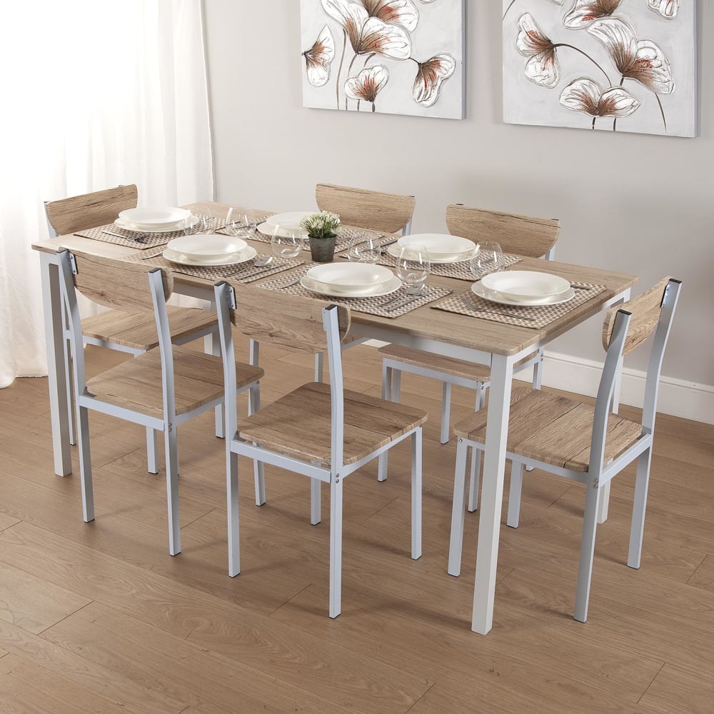 Table à manger pour 6 personnes en imitation bois et métal blanc - Maisons du Monde