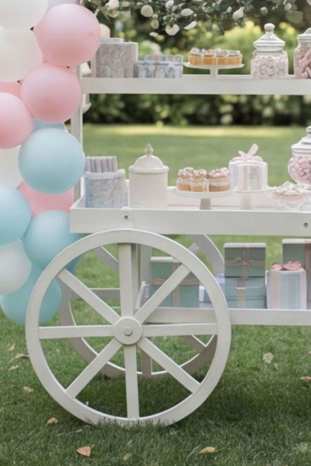 Carrito candy bar blanco en madera envejecida con 3 estantes