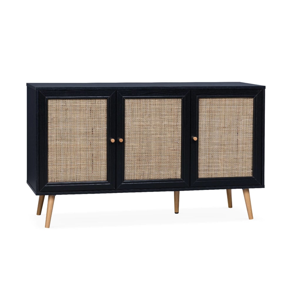 Buffet de rangement cannage, noir - 120x39x70cm