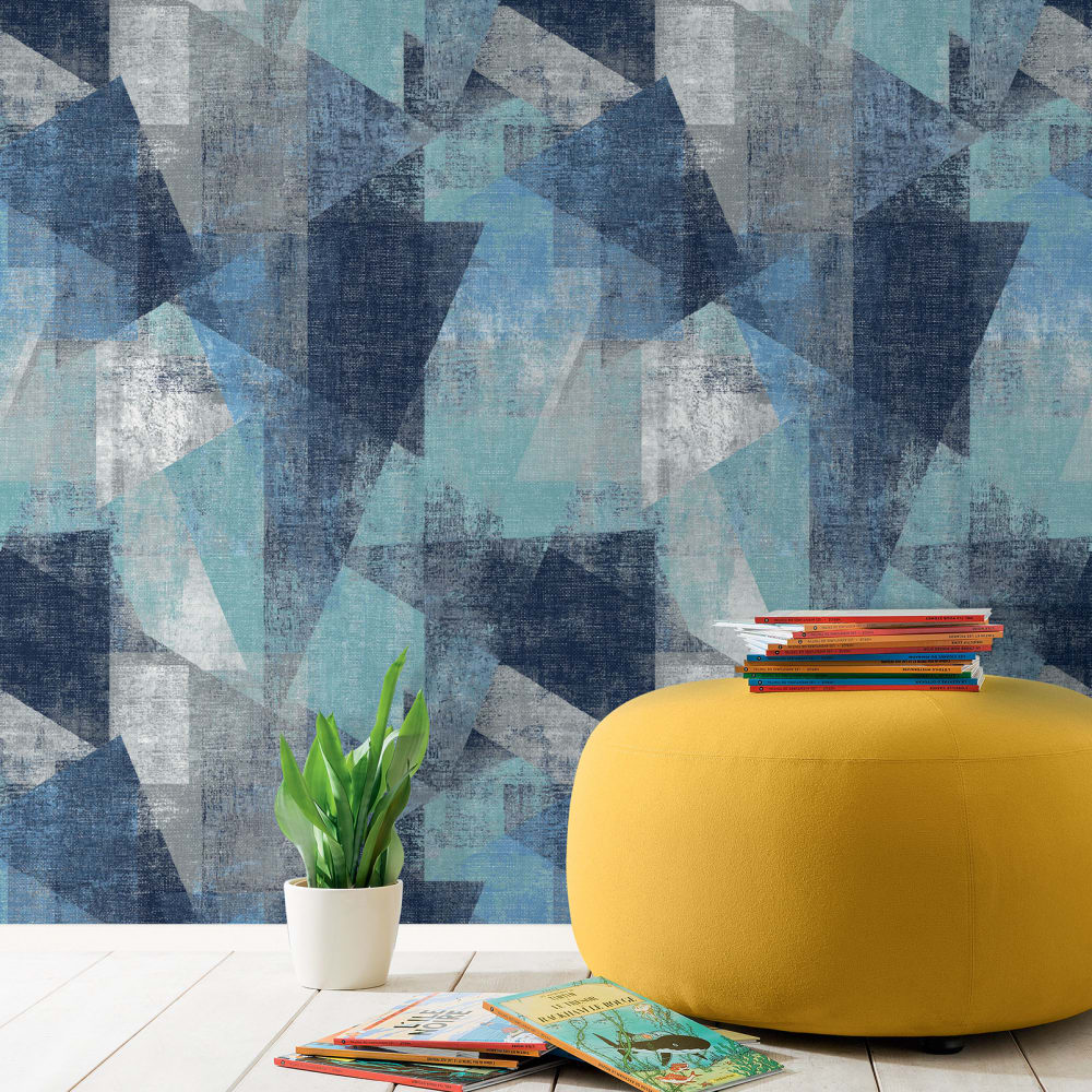 Papel pintado rollo perspectiva geométrica azul 53x1000cm