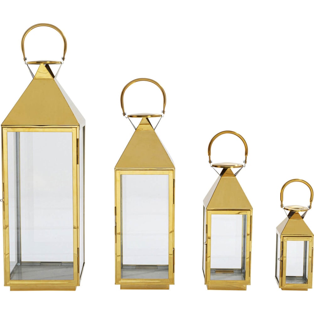 Kare Design Set de 4 lanternes en acier inoxydable doré et en verre style classique chic