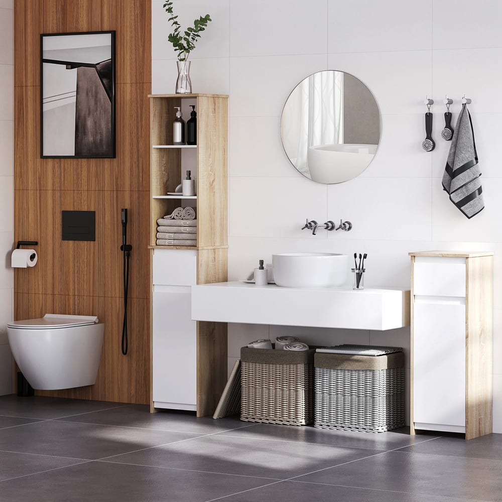 Armario alto de baño 32.6x30x171.2 cm madera natural y blanco - Maisons du Monde