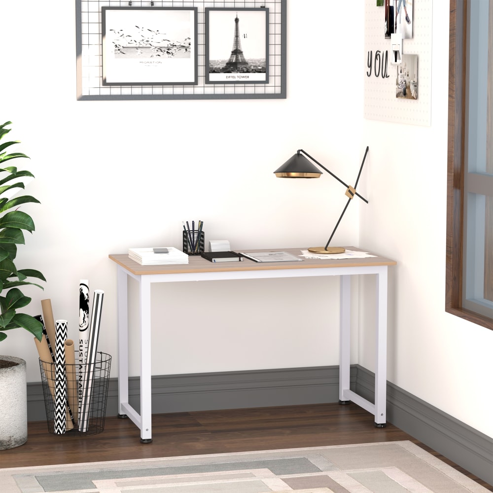 Table informatique bureau métal blanc aspect chêne clair