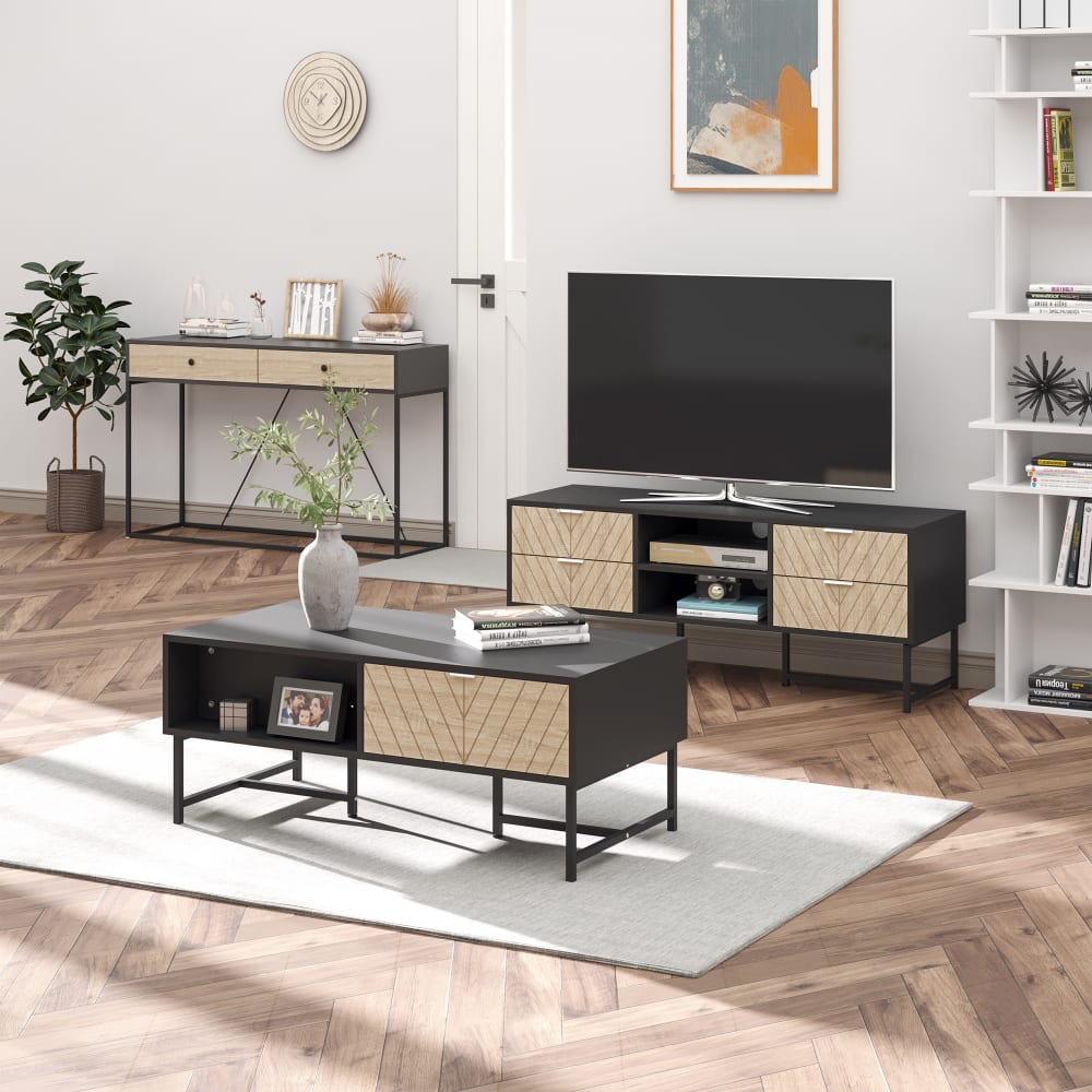 Console design 2 tiroirs métal aspect bois chêne clair et noir