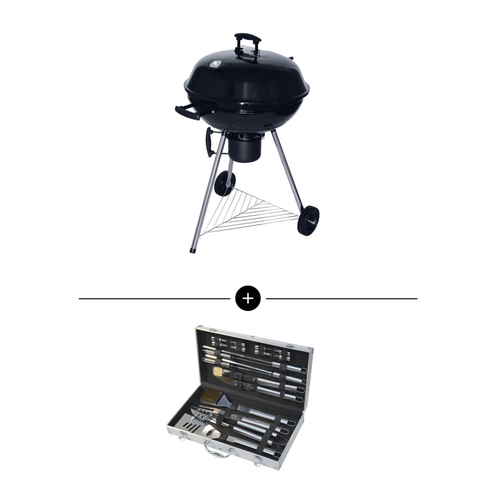 Barbecue boule charbon de bois, grill et fumoir avec ustensiles acier